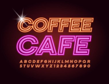 Vector neon banner Kahve Kafesi. Parlak Yazı Tipi. Turuncu Alfabe Harfleri ve Sayıları