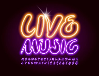Vektör etkinlik posteri canlı müzik. Neon el yazısıyla yazılmış yazı tipi. Elektrikli menekşe harfler ve sayılar