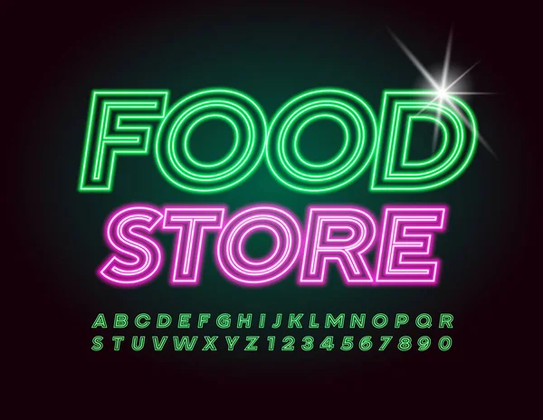 Vector Creatief Logo Food Store Neon Green Font Gloeiend Licht — Stockvector