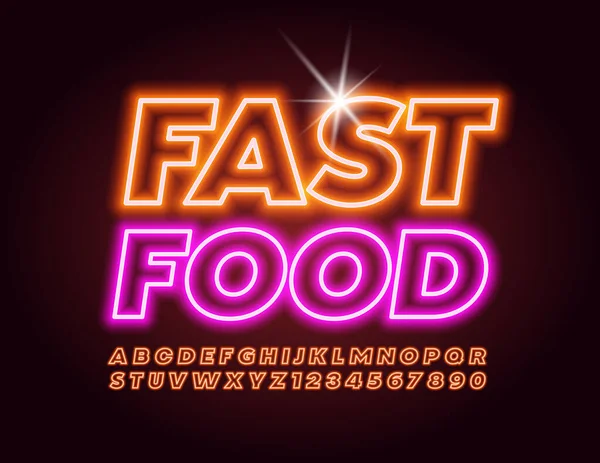 Vector Neon Banner Fast Food Fuente Naranja Brillante Alfabeto Eléctrico — Archivo Imágenes Vectoriales