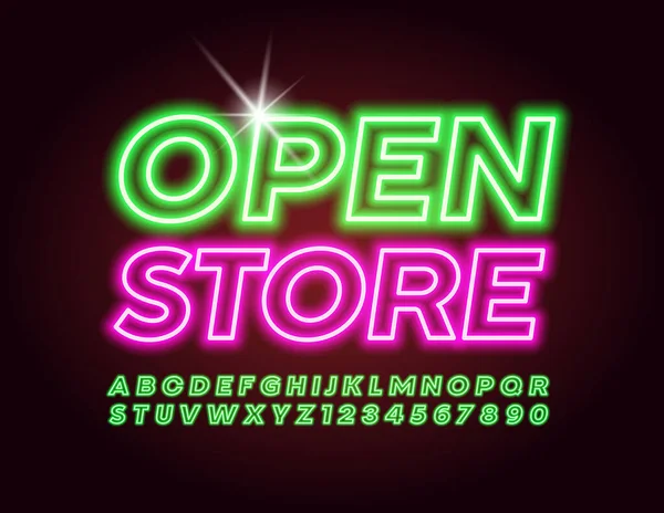 Vector Geschäftsaushängeschild Open Store Grüne Leuchtschrift Elektrisches Licht Alphabet Buchstaben — Stockvektor