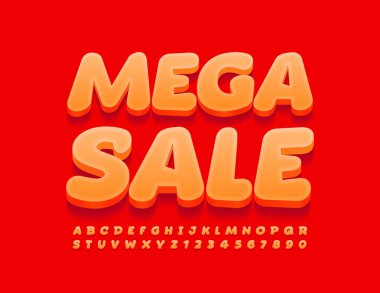 Vektör parlak afiş Mega Satış. Turuncu 3 boyutlu yazı tipi. Alfabe Harfleri ve Sayıları Ayarlandı