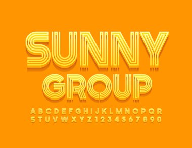 Sunny Group 'un yaratıcı simgesi. Sarı soyut yazı tipi. Moda Alfabesi Harfleri ve Sayıları