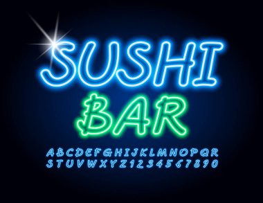 Vektör yaratıcı neon logo suşi barı. Mavi Elektrik Yazı Tipi. Parlak Parlak Alfabe Harfleri ve Sayıları