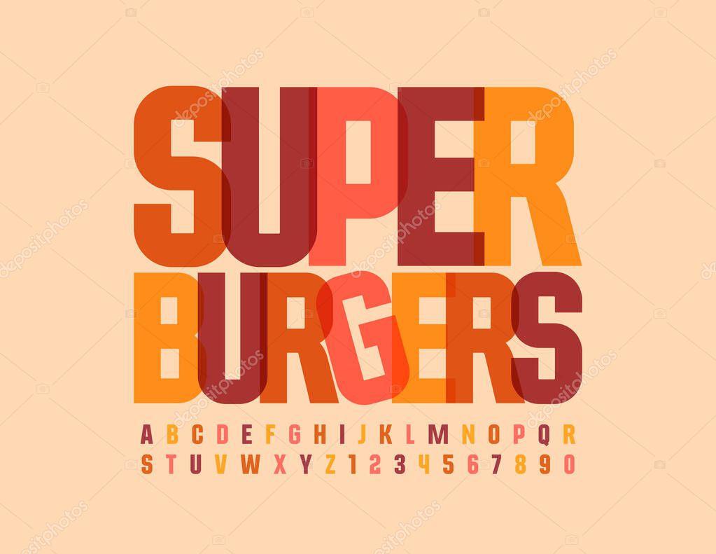 Vector modern logo Super Burgers. Bright trendy Alphabet Letters and Numbers. Creative Uppercase Font