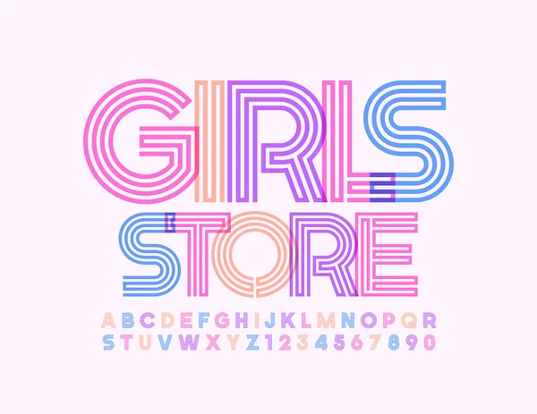 カラフルな創造的なフォントでベクトル明るいバナーの女の子の店 概要ライン流行のアルファベット文字と数字 — ストックベクタ