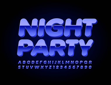 Mavi 3D Yazı Tipi ile Vektör Etkinlik Gece Partisi. Parlak Metalik Alfabe Harfleri ve Sayıları