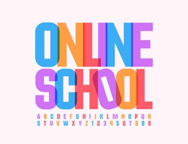 Parlak Sancak Çevrimiçi Okul. Yaratıcı Sanat Yazıtipi. Renkli modern Alfabe Harfleri ve Sayıları