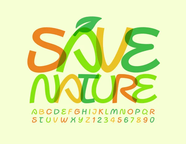 Cartel Ecológico Vectorial Nature Leaf Fuente Creativa Brillante Letras Números — Vector de stock