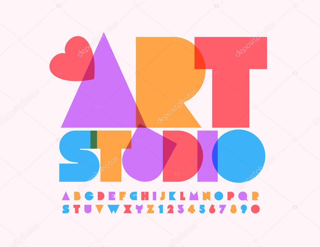 Vector logo Art Studio with decorative Heart. Abstract Colorful Font. Bright creative Alphabet Letters and Numbers