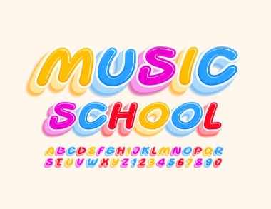 Vektör Eğitimi Müzik Okulu. Yaratıcı parlak yazı tipi. Çocuklar için Renkli Alfabe Harfleri ve Sayıları