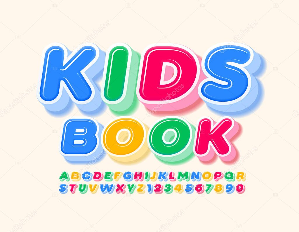 Vector colorful sign Kids Book. 3D Bright Font. Creative Alphabet Letters and Numbers for Children