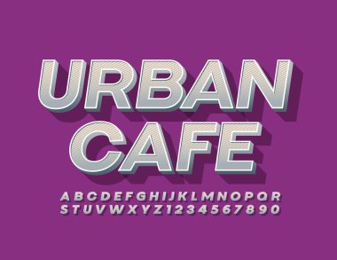 Vektör trend levhası Urban Cafe. Retro Biçim Yazıtipi. Satır desenli 3 boyutlu harf ve sayılar