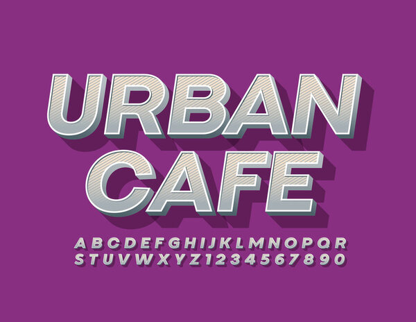 Vector trendy sign Urban Cafe. Retro Style Font. 3D Alphabet Letters and Numbers with line pattern