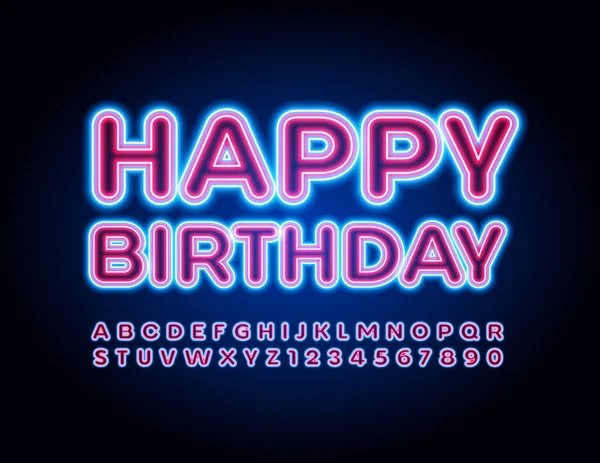 Tarjeta Felicitación Neón Vectorial Feliz Cumpleaños Fuente Eléctrica Brillante Letras — Vector de stock