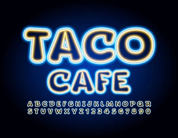 Banner Neón Vector Taco Café Fuente Resplandeciente Amarilla Azul Letras — Archivo Imágenes Vectoriales
