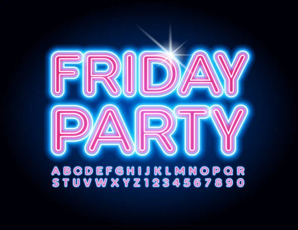 Volantino Eventi Vettoriali Friday Party Font Incandescente Neon Lettere Numeri — Vettoriale Stock