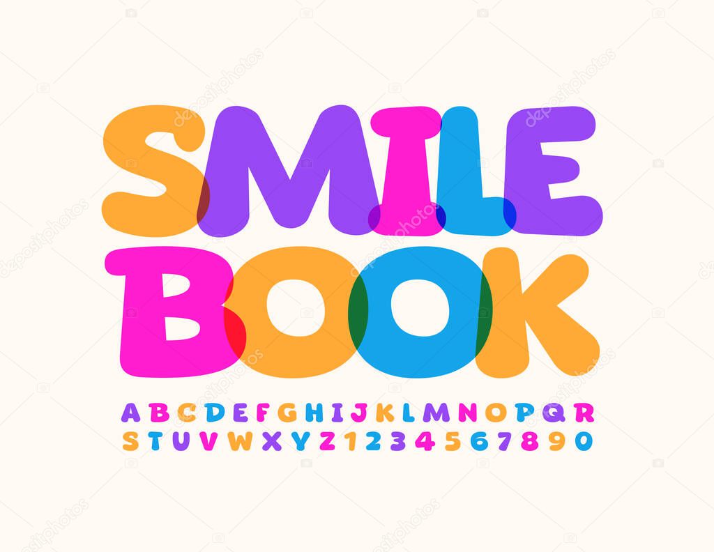 Vector funny emblem Smile Book. Colorful comic Font. Bright cartoon Alphabet Letters and Numbers