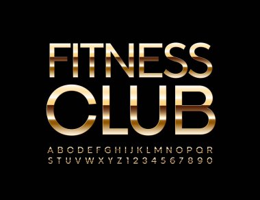 Vektör Premium Logo Fitness Kulübü. Altın renkli yazı tipi. Parlak modern alfabe harfleri ve sayıları
