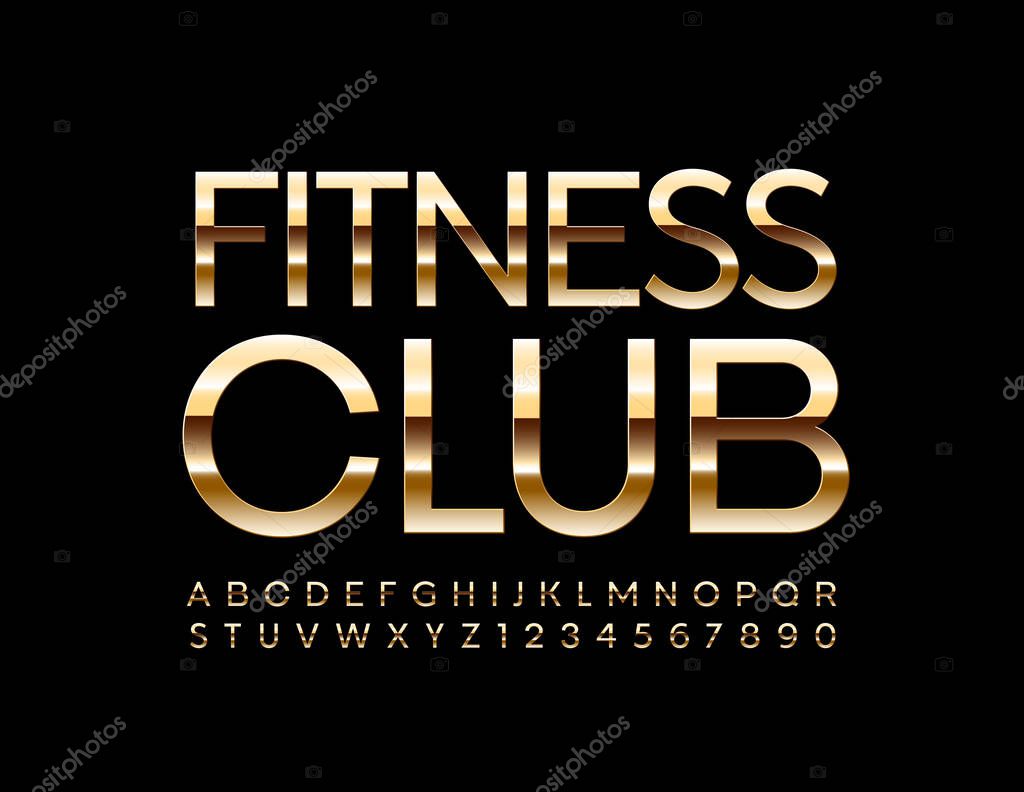 Vector premium logo Fitness Club. Gold Elegant Font. Shiny modern chic Alphabet Letters and Numbers
