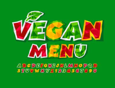 Vektör yaratıcı işaret Vegan Menüsü. Buruşuk renkli yazı tipi. Katlanmış Alfabe Harfleri ve Sayıları kümesi