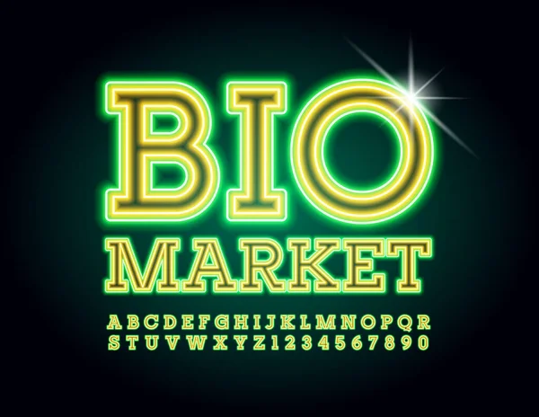 病媒生态标签Bio Market 绿色和黄色霓虹灯字体 明亮的电动字母字母和数字 — 图库矢量图片