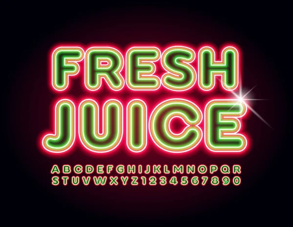 Parlak amblem Taze Meyve Suyu. Yeşil ve kırmızı Neon Font. Elektrik Alfabesi Harfleri ve Sayıları Ayarlandı