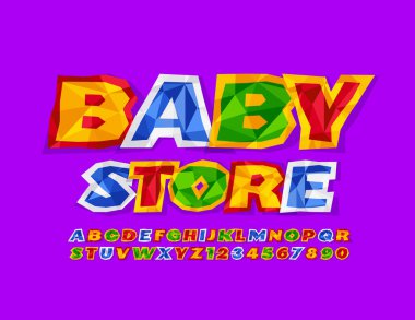 Bebek Mağazası 'nın renkli tabelaları. Buruşuk yaratıcı yazı tipi. Parlak Kağıt Harfler ve Sayılar