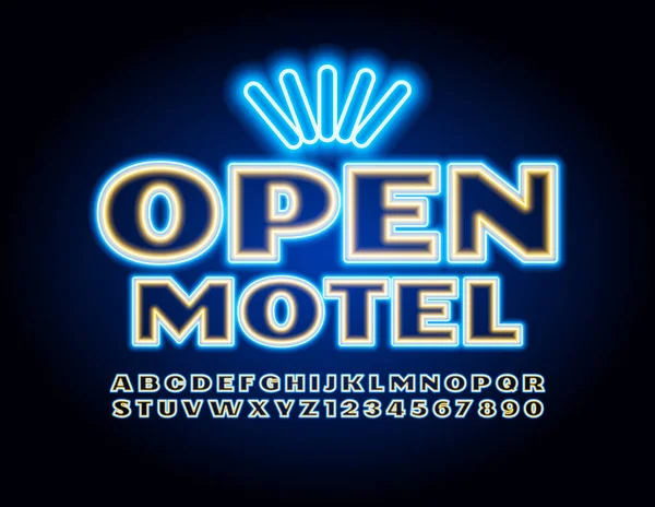Insegna Neon Vettoriale Open Motel Font Elettrico Luminoso Serie Lettere — Vettoriale Stock