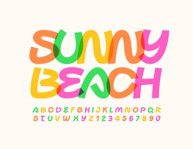 Vector creative sign Sunny Beach. Colorful handwritten Font. Bright artistic Alphabet Letters and Numbers clipart