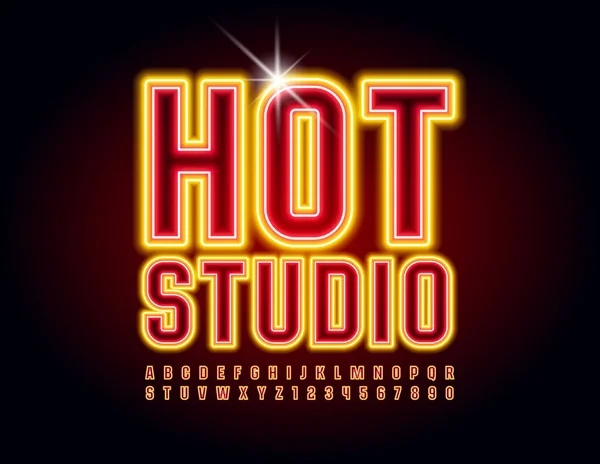 Banner Incandescente Vettoriale Hot Studio Carattere Elettrico Neon Lettere Numeri — Vettoriale Stock