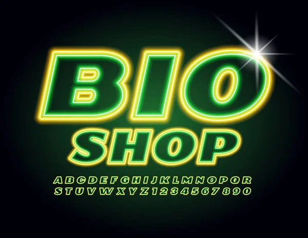 Vector Eco Banner Bio Shop Groen Geel Neon Lettertype Gloeiend — Stockvector