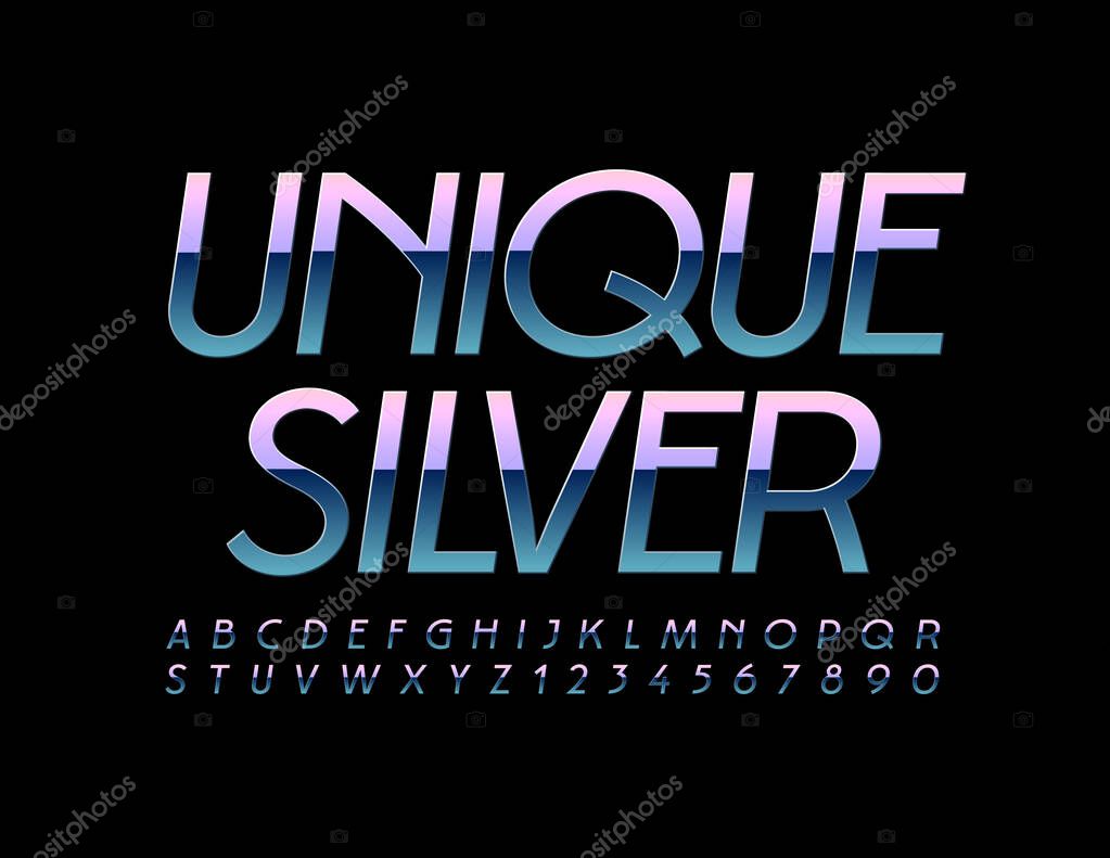 Vector Unique Silver Alphabet Letters and Numbers. Gradient Reflective Font