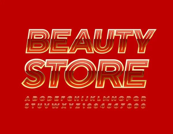 Vector Bright Emblem Beauty Store Red Gold Glossy Font Chic — Stock Vector