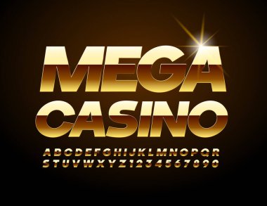 Vektör dekoratif pankart Mega Casino. Parlak elit yazı tipi. Parlak Altın Alfabe Harfleri ve Sayıları Ayarlandı