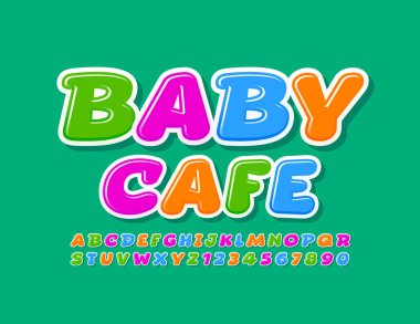 Renkli taşıyıcı afiş Bebek Kafe. Parlak yaratıcı yazı tipi. Oyuncu Alfabe Harfleri ve Sayıları kümesi