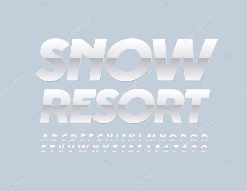 Vector holiday logo Snow Resort. Glossy White Font. Decorative style Alphabet Letters and Numbers set