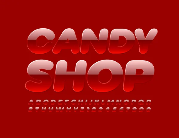 Vector Glanzend Logo Snoepwinkel Zoet Rood Lettertype Heldere Smakelijke Set — Stockvector