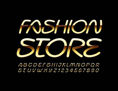 Vektör yaratıcı logo moda mağazası. El yazısıyla yazılmış parlak yazı tipi. Altın Alfabe Harfleri ve Sayıları