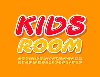 Vektör yaratıcı logo Çocuk Odası. El yazısı Sarı Yazı Tipi. Parlak Alfabe Harfleri ve Sayıları