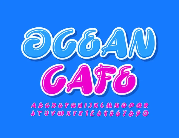 Vektor Kreatív Embléma Ocean Cafe Fényes Kézzel Írt Betűkészlet Rózsaszín — Stock Vector