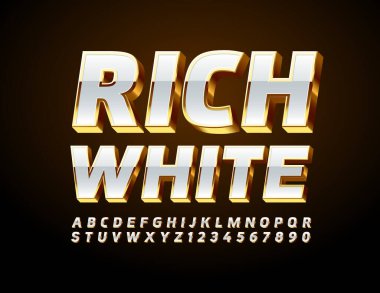 Vector Rich White ve Gold 3D Alfabe Harfleri ve Sayıları ayarlandı. Parlak Parlak Yazıtipi