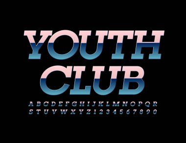 Vektör metalik logo Gençlik Kulübü. Gradyan Efekt Yazıtipi. Parlak gümüş alfabe harfleri ve sayılar ayarlandı