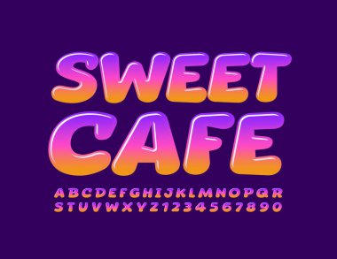 Parlak logo Sweet Cafe. Çizgi film tarzı yazı tipi. Çocuklar parlak alfabe harfleri ve numaralar ayarlandı