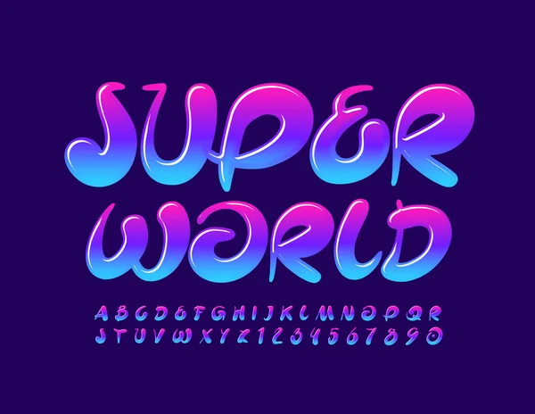 Signe Artistique Vectoriel Super World Lumineux Brillant Police Alphabet Manuscrit — Image vectorielle
