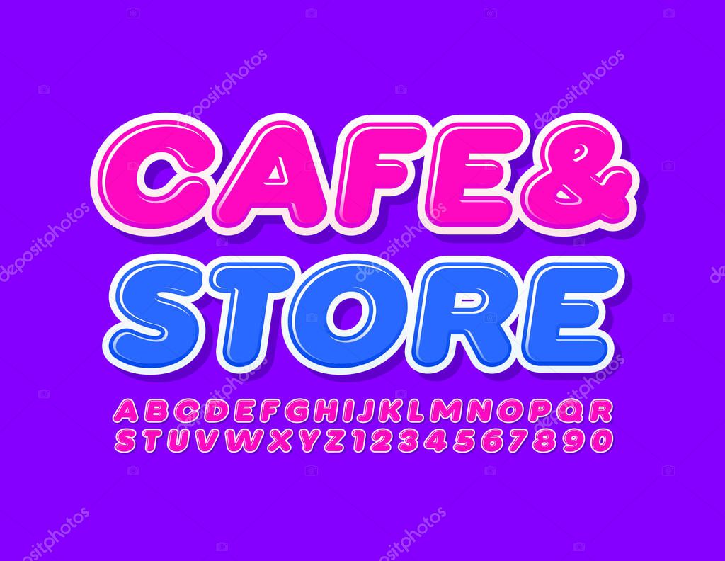 Vector trendy logo Cafe & Store. Bright modern Font. Pink stylish Alphabet Letters and Numbers set