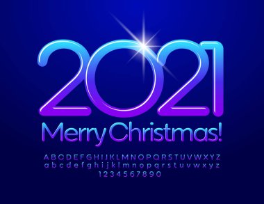 Vector parlak kart Mutlu Noeller 2021! Gradyan rengi Mavi ve Violet Font. Yaratıcı Alfabe Harfleri ve Sayıları Ayarlandı