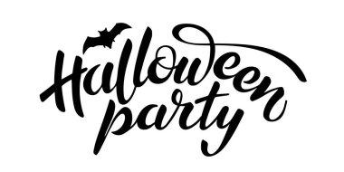 Halloween parti vektör yazı, tatil hat metin yarasa çizim ile