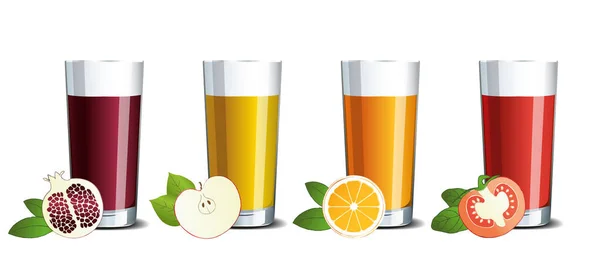 Стеклянные бокалы с гранатом, яблоком, апельсином и томатным соком — стоковый вектор