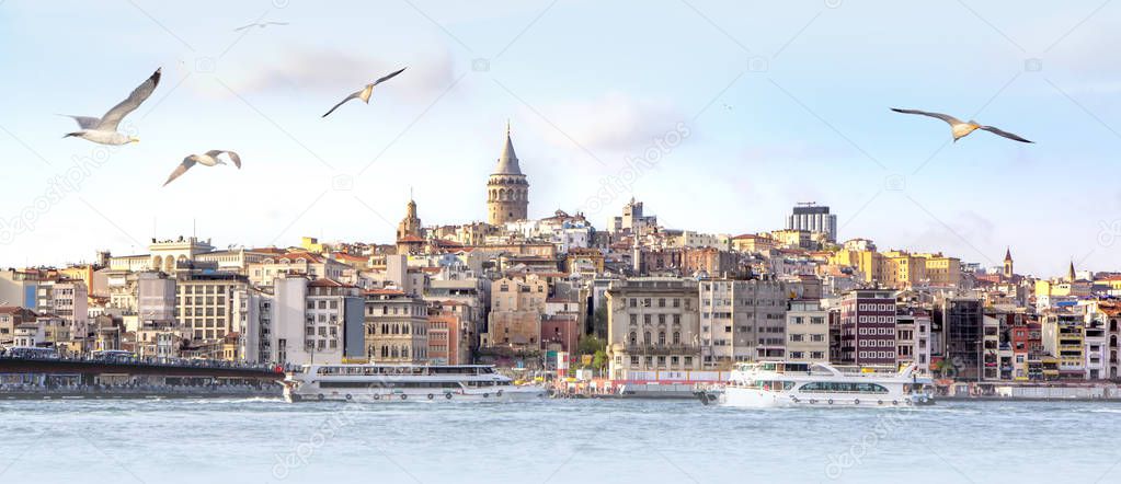Panorama of Istanbul with Galata Tower at skyline and seagulls over the sea, wide landscape of Golden Horn, travel background for billboard